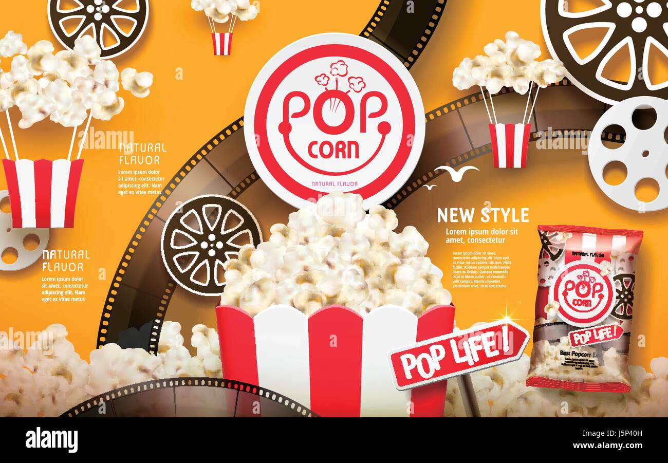 Délicieux popcorn annonces, rayures blanc et rouge avec forfait film fixe et éléments du tambour isolé sur fond jaune de chrome, 3d illustration Illustration de Vecteur