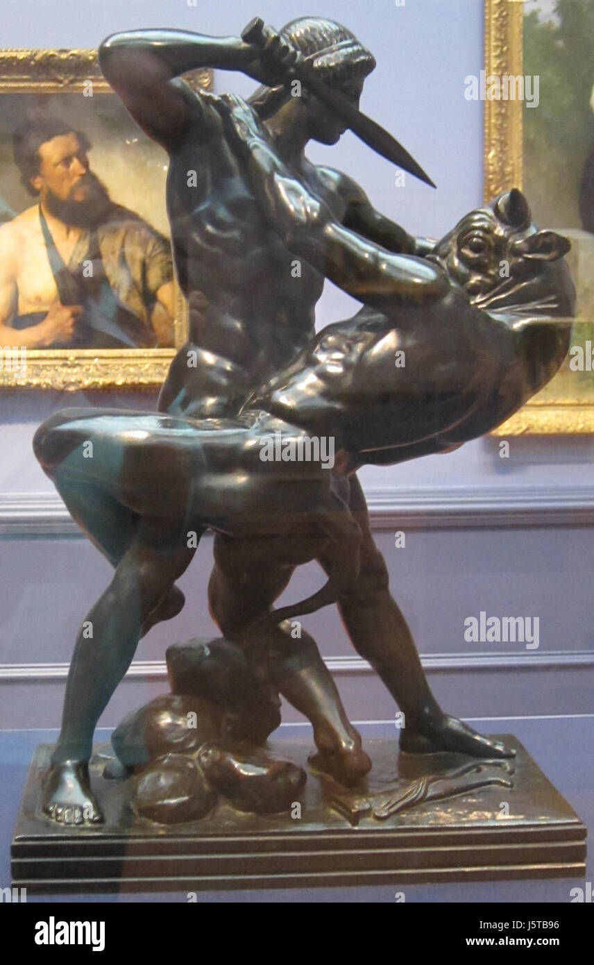 Cette sculpture d'Antoine-Louis Barye représente l'ancien mythe grec de Thésée combattant le Minotaure. Le travail détaillé de Baryeâ€™ donne vie à cette bataille mythologique à travers une forme dynamique et des détails complexes. Banque D'Images