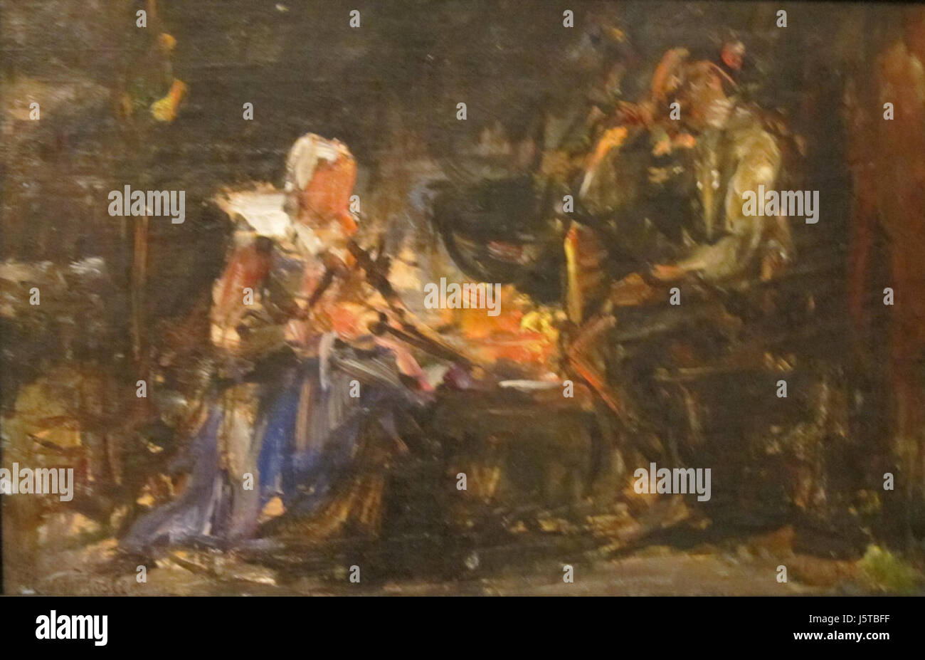 Cette œuvre de Henry Mosler représente une scène domestique, avec un accent sur une femme assise près d'une cheminée. Le croquis met en évidence l'habileté de Mosler à capturer des moments intimes et quotidiens. La composition démontre son souci du détail et l'utilisation de la lumière et de l'ombre. Banque D'Images