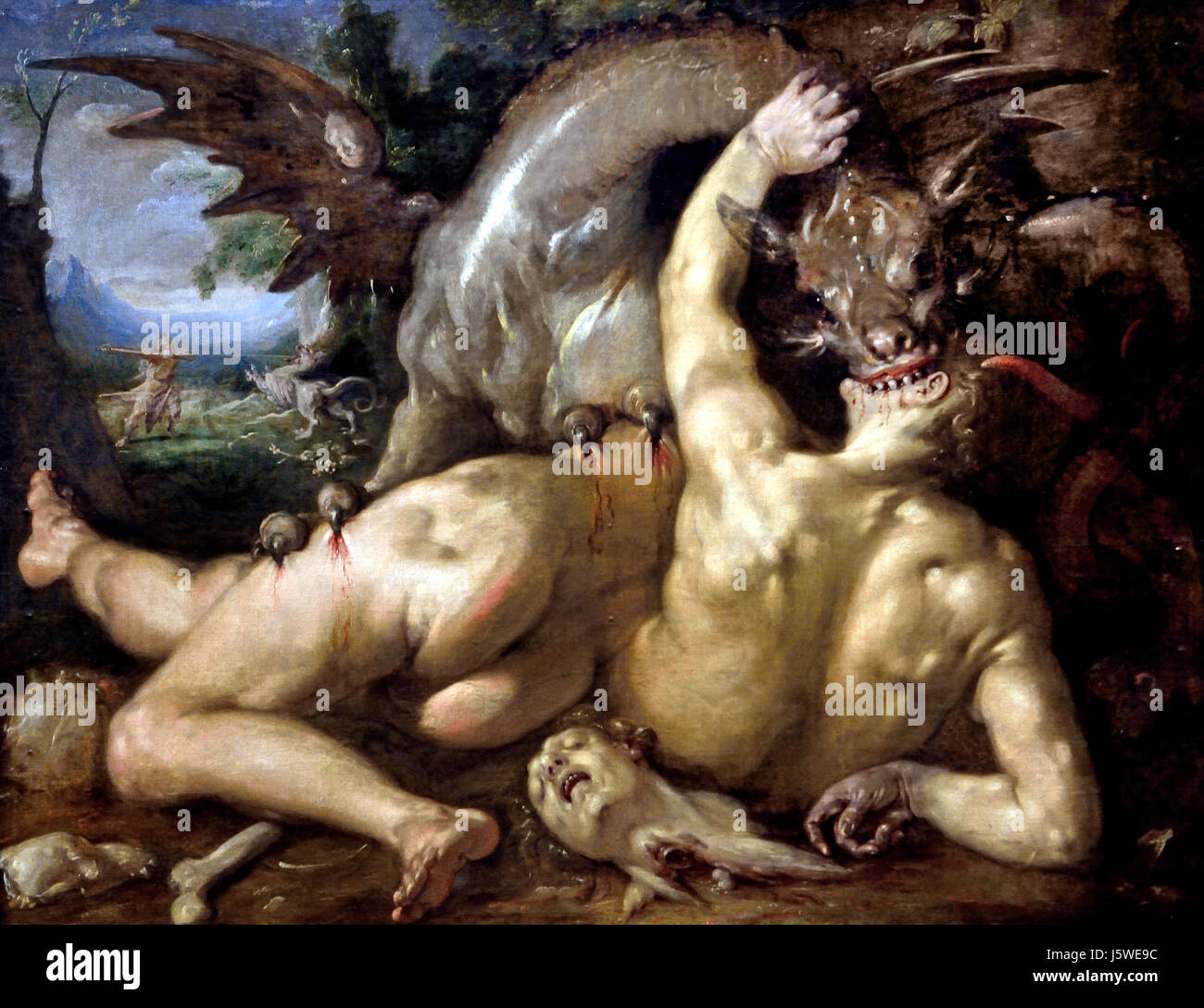 Deux disciples de Cadmus dévorés par un dragon Cornelis van Haarlem 1562 - 1638 Néerlandais Cadmus, un prince de Tyr, se rendit à l'Oracle Delphique après que sa sœur ait été volée par Zeus, chef des dieux grecs. Banque D'Images