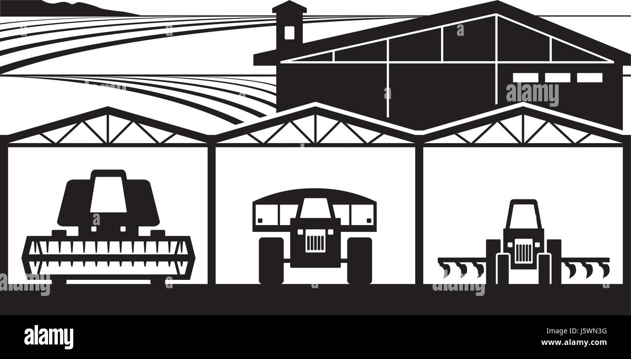 Cour de ferme avec les machines agricoles - vector illustration Illustration de Vecteur