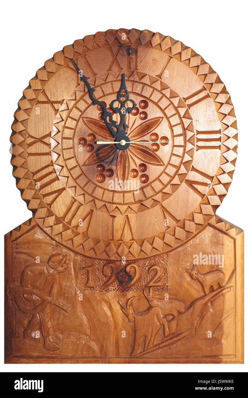 Réveil en bois en option art temps pointeur sculpter indiquent l'environnement montrent enviroment Banque D'Images