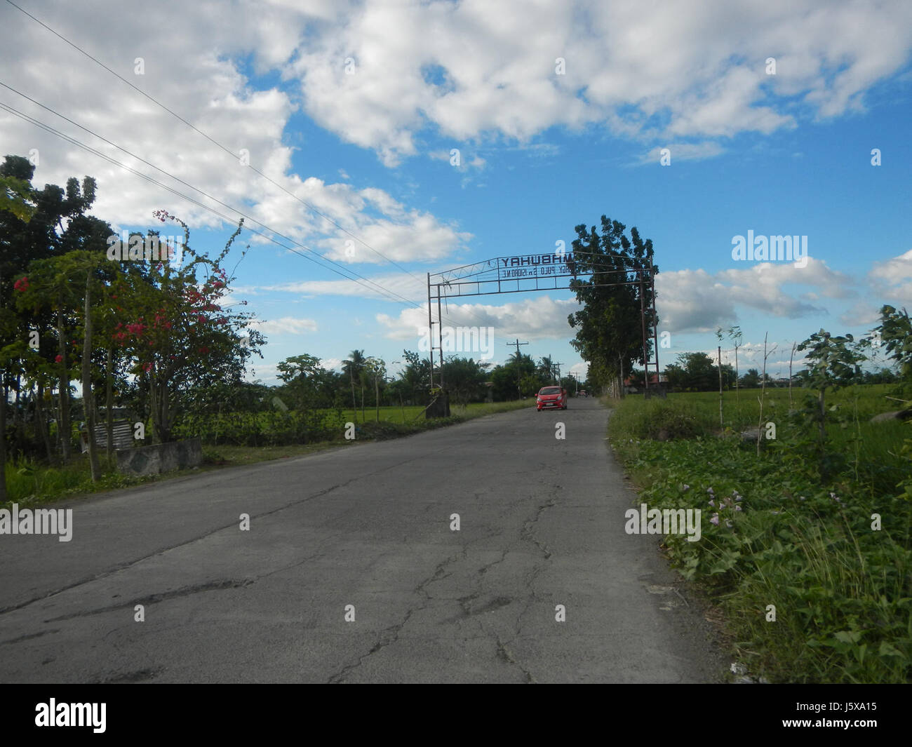 Cette image montre un paysage rural à Pulo Tabon, San Isidro, Nueva Ecija, mettant en évidence les rizières, les prairies, arbres et systèmes d'irrigation. La région est fortement tributaire de l'agriculture, en particulier de la riziculture, qui est essentielle à l'économie et à la culture locales. Banque D'Images