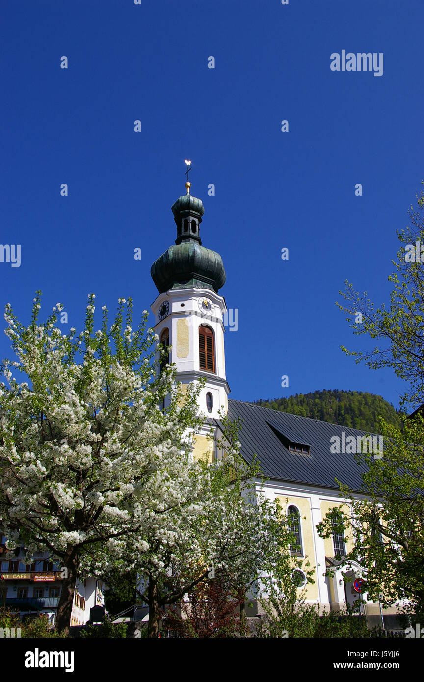 L'église de la tour clocher de l'église tour bowingbells printemps arbre arbres fleur Banque D'Images