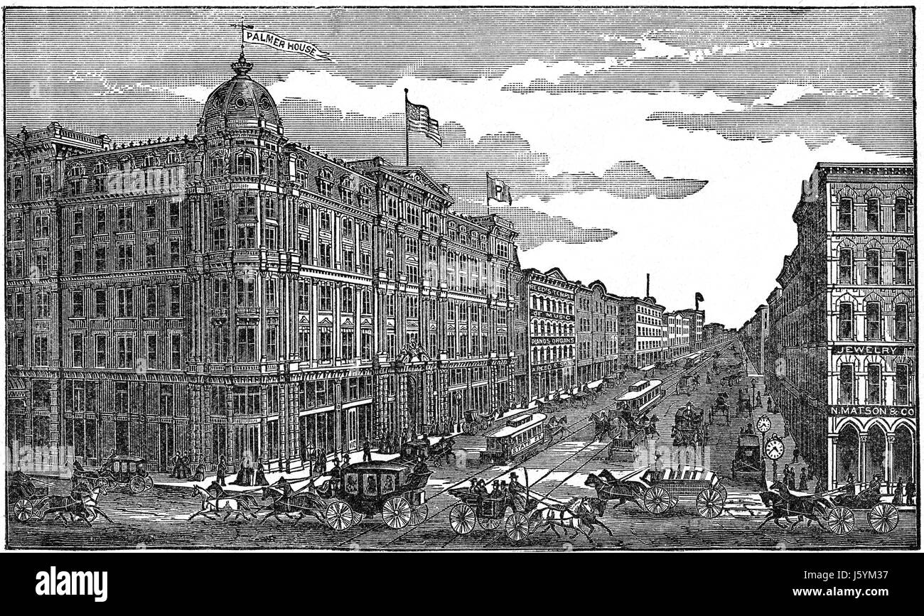 Scène de rue et Palmer House, Chicago, Illinois, Etats-Unis, Société d'édition Standard, Illustration, 1888 Banque D'Images