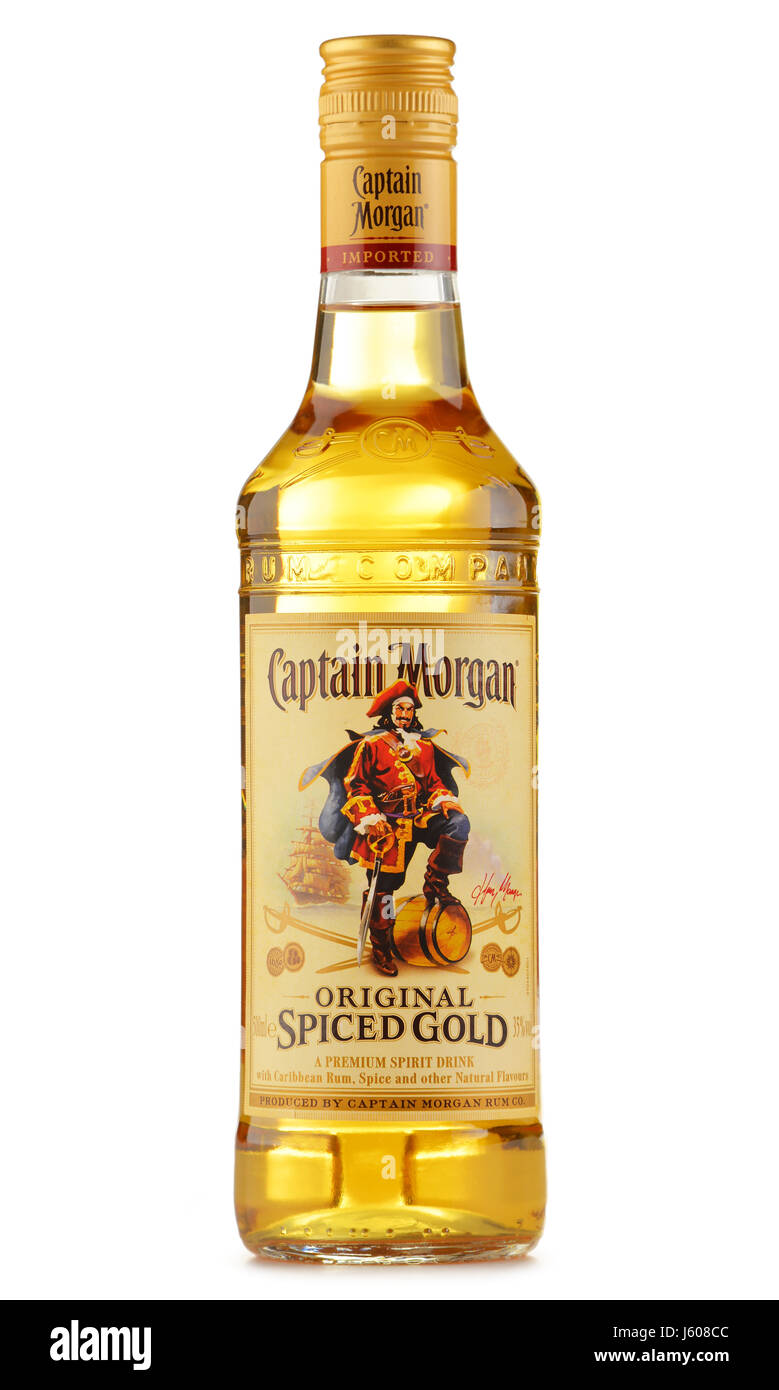POZNAN, Pologne - 28 juillet 2016 : originaire des îles Vierges américaines sur le Capitaine Morgan est une marque de rhum produit par Diageo, multinationale britannique boissons b Banque D'Images