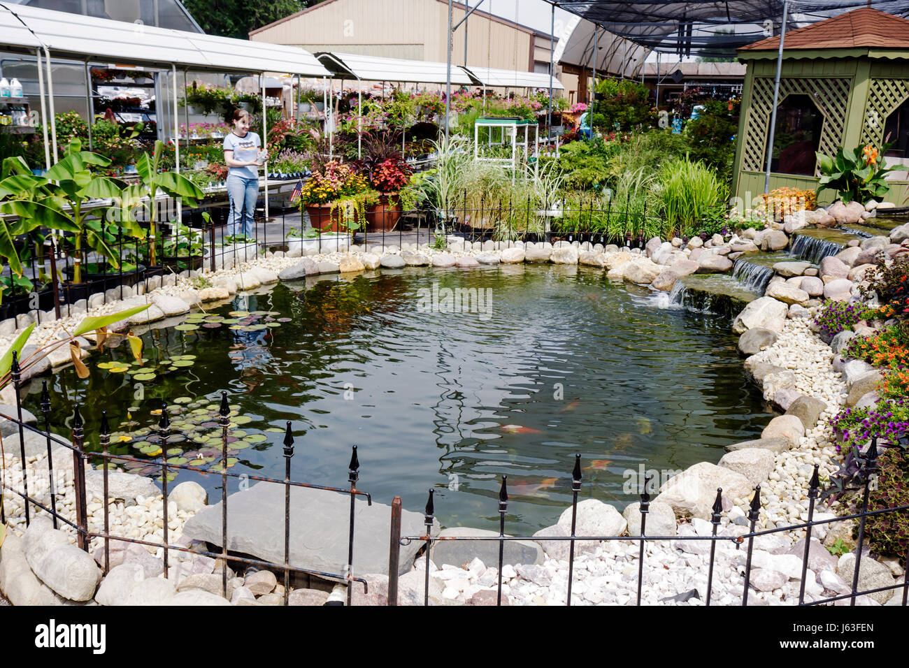 Indiana Chesterton,Chesterton Feed & Garden Center,centre,pépinière,fleur,fleur,plantes d'intérieur,horticulture,pots,aménagement paysager,étang,cascade,femme Banque D'Images