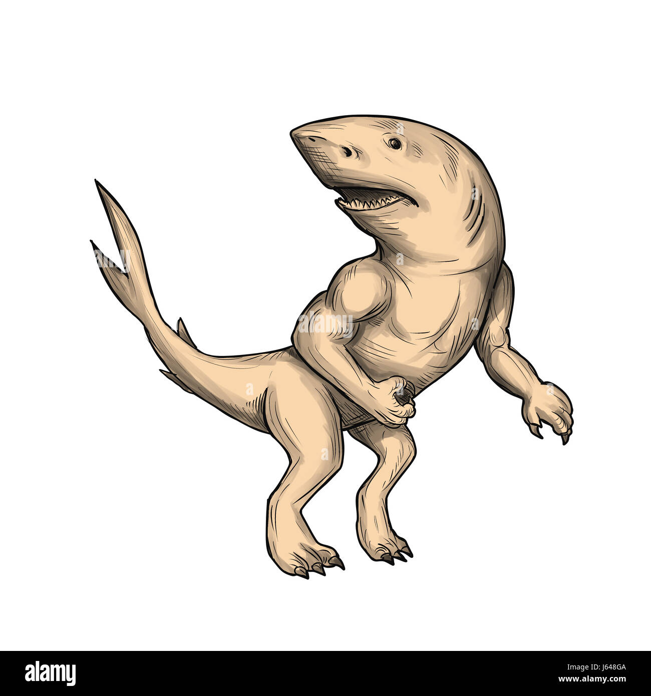 Illustration d'un style de tatouage Nanaue, une créature mythique dans Hawaiian Folklore d'un requin humanoïde avec des bras et jambes à la vue de côté à la Banque D'Images