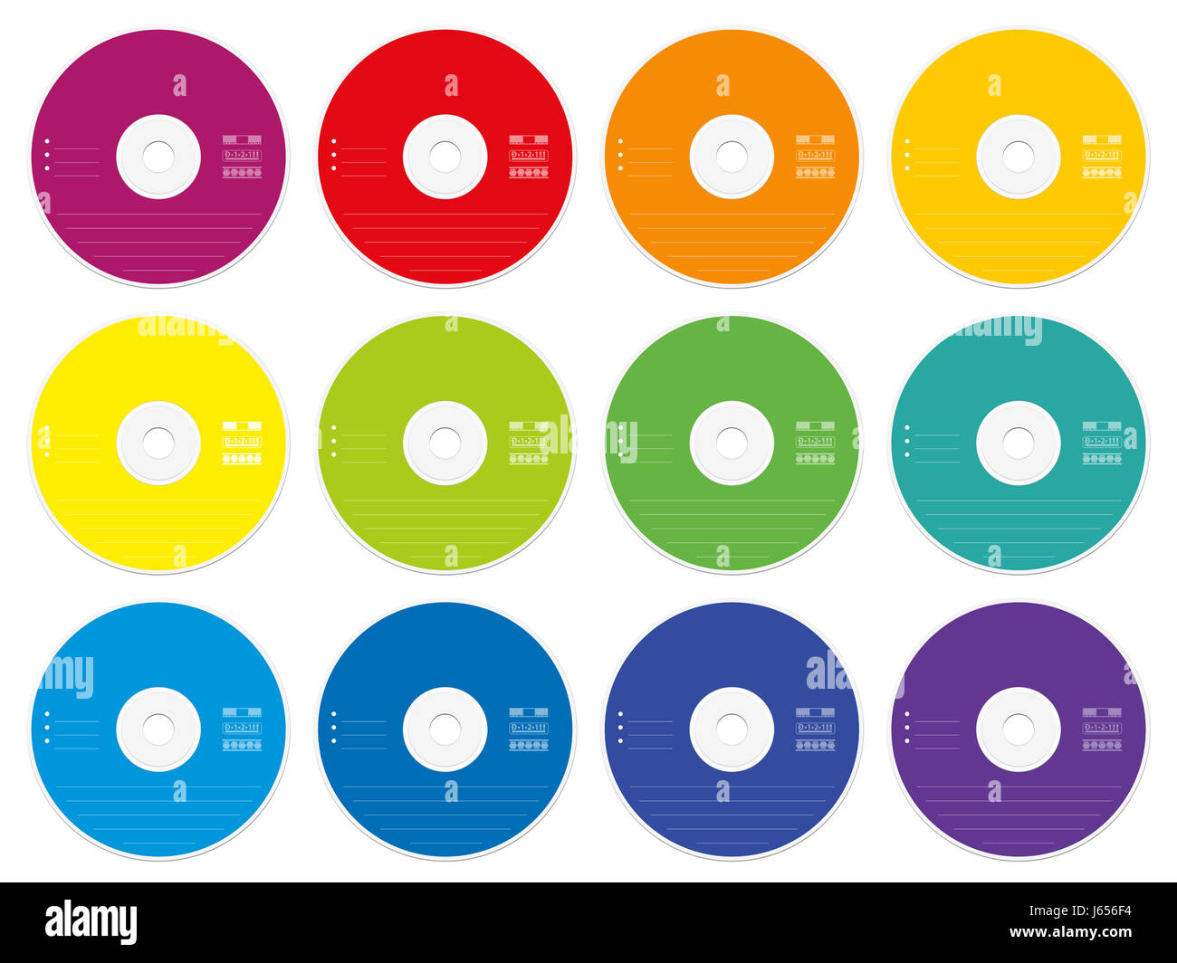 CD avec des étiquettes vierges de couleur - lot de 12 CD ou DVD - un support externe de stockage de collecte de données pour la musique, films, photos, documents. Banque D'Images