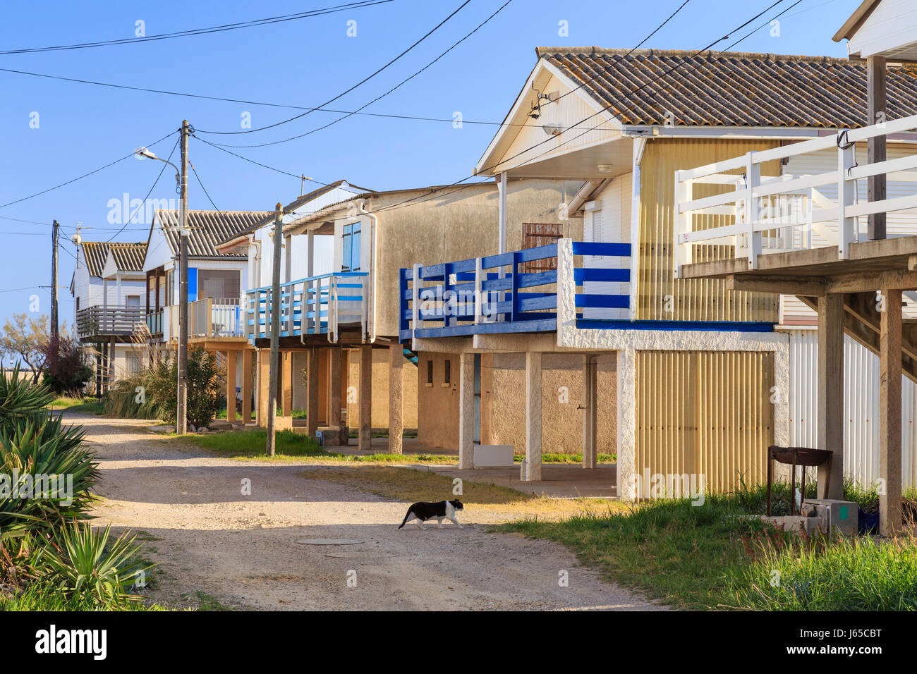 France, Aude, Gruissan, Gruissan-les Chalets, chalets sur pilotis Banque D'Images