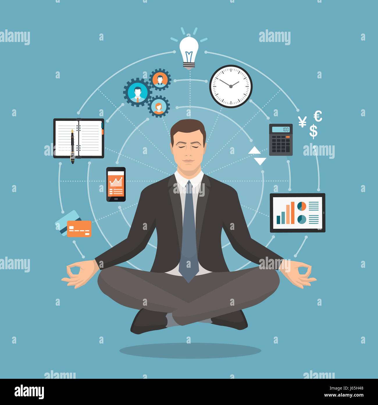 Businessman pratiquer la conscience méditative, il efface son esprit, libérer le stress et l'expression de son potentiel, le yoga et l'autonomie de conscience con Illustration de Vecteur