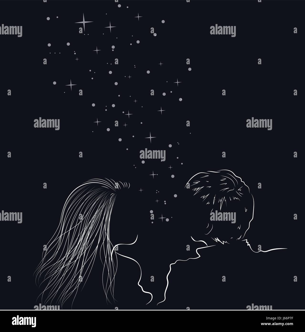 Deux amoureux amoureux sur le ciel de nuit avec des étoiles brillantes, illustration. Illustration de Vecteur