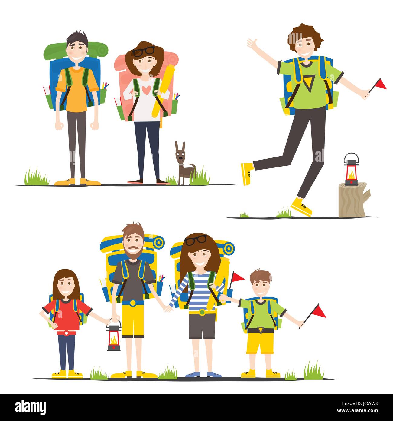 Camping en famille. Vector Illustration. Les gens avec des sacs à dos isolé sur fond blanc. Illustration de Vecteur
