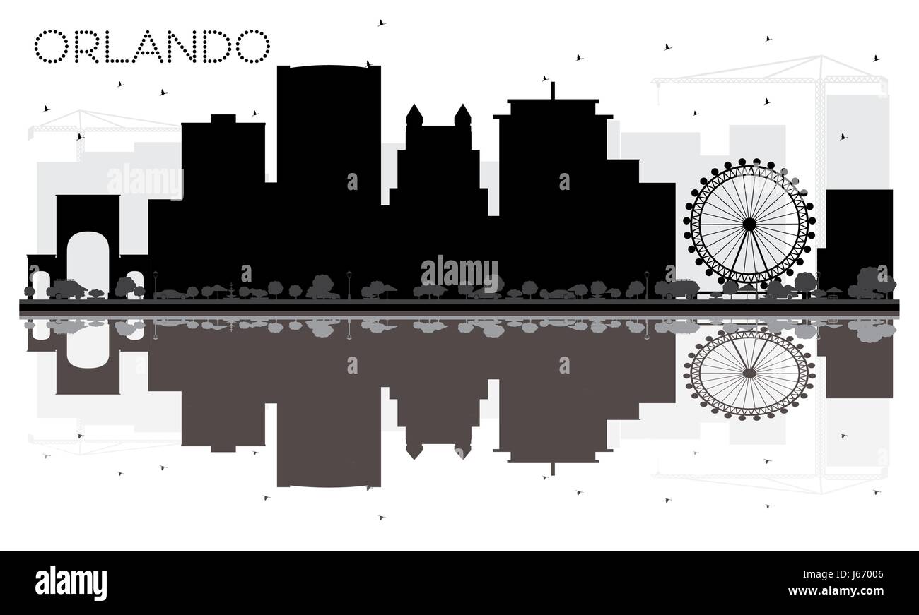 Orlando city skyline silhouette noir et blanc avec reflets. vector illustration. simple télévision concept pour tourisme présentation, bannière Illustration de Vecteur