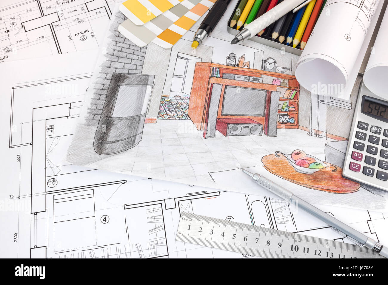 Travail avec des croquis d'intérieur d'appartement et outils de dessin Banque D'Images