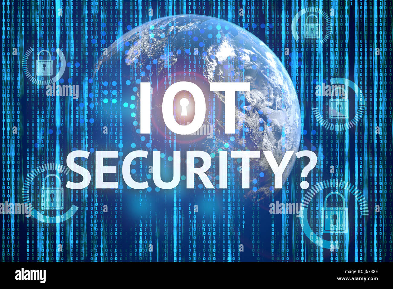 La sécurité dans internet des objets (IoT) concept. La clé principale , texte et graphique fourni par terre avec la NASA fond codée binaire Banque D'Images