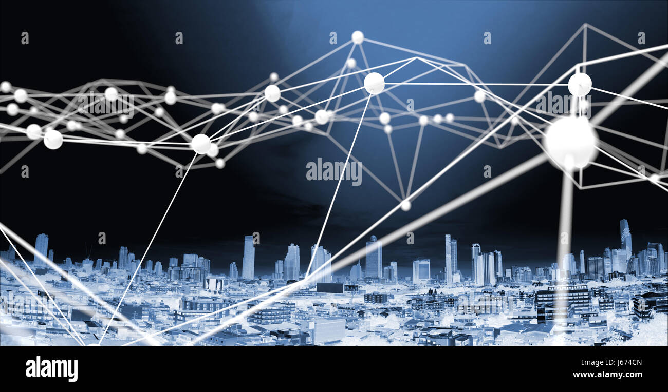 Internet des objets , Blockchain , Réseau , de l'apprentissage automatique et l'apprentissage en profondeur le concept des réseaux de neurones. Distribué blanc atom avec connexion ci bleu Banque D'Images