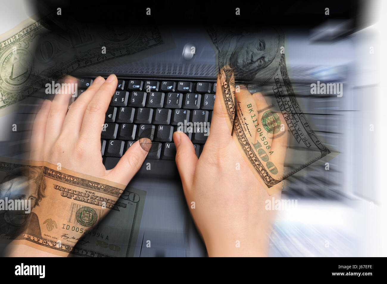 Dollars dollar main mains travail clavier ordinateur ordinateurs de l'argent en ligne Banque D'Images