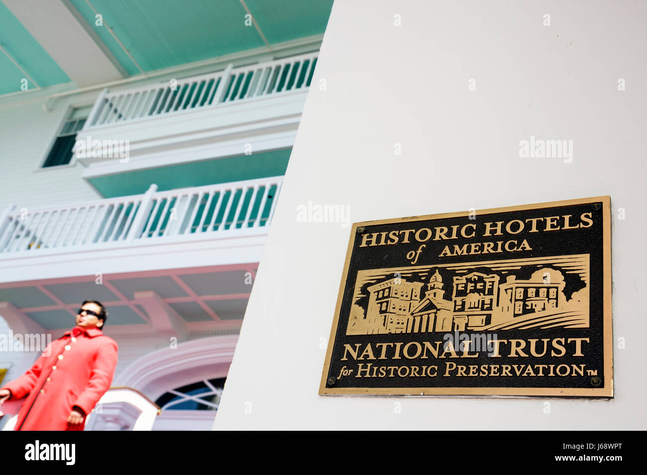 Mackinac Island Michigan, parc national historique Mackinaw, détroit de, lac Huron, Grand, hôtel, construit en 1887, victorien, plaque métallique, désignation historique, p Banque D'Images