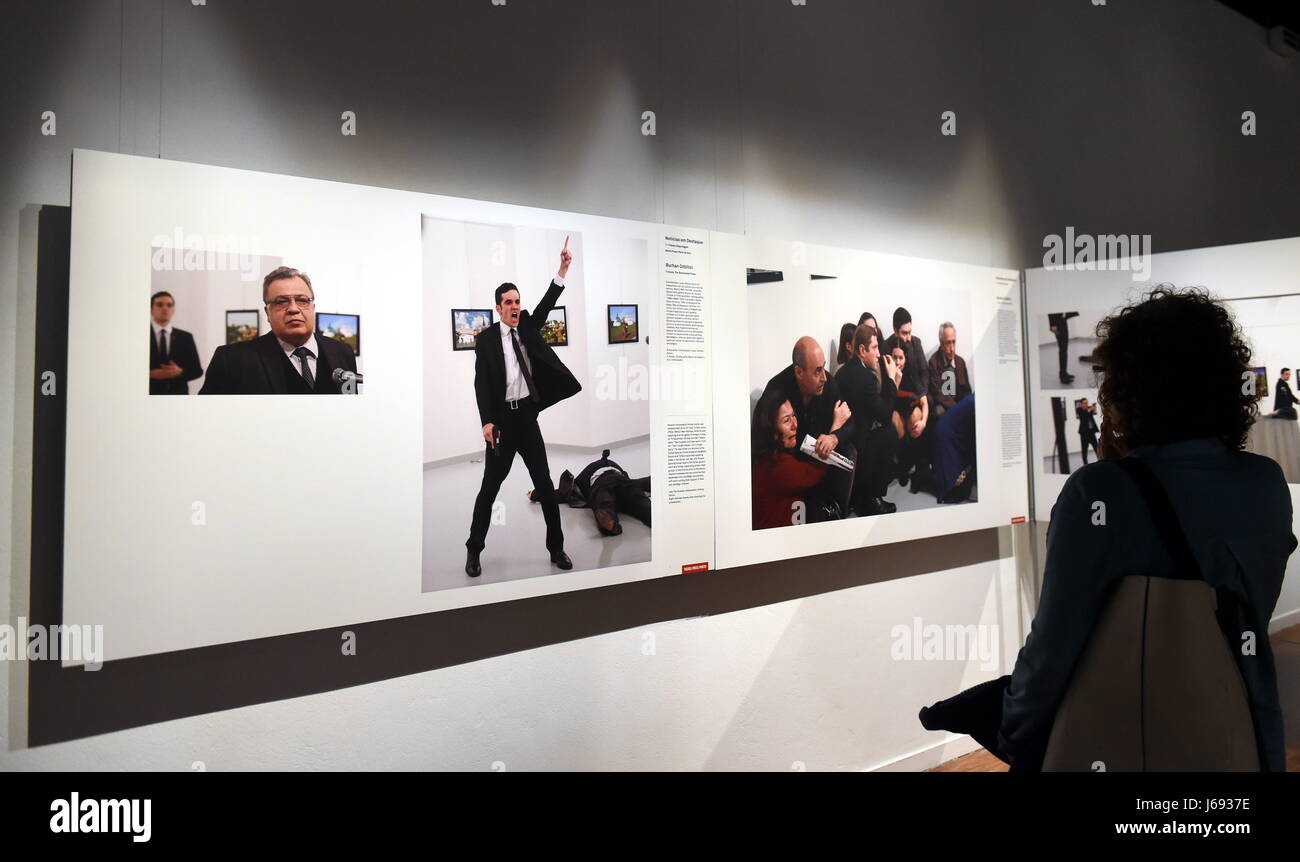 Lisbonne, Portugal. 19 mai, 2017. Un visiteur consulte des photos à l'exposition World Press Photo 2017 à Lisbonne, Portugal, le 19 mai 2017. Credit : Zhang Liyun/Xinhua/Alamy Live News Banque D'Images