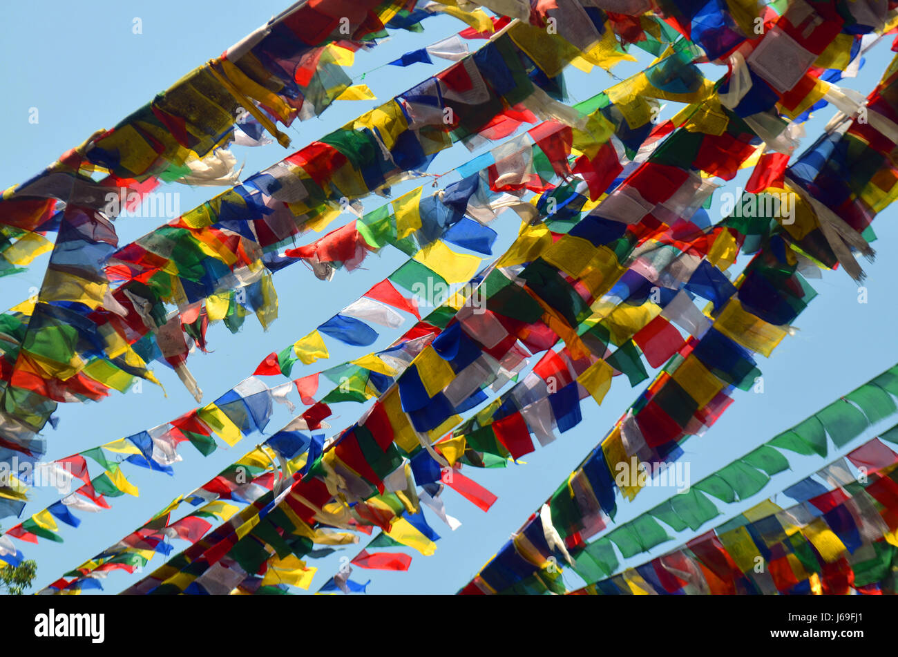 Le Bouddhisme les drapeaux de prières colorés Dar Cho, lungta dans Svayambunatkh temple. Banque D'Images