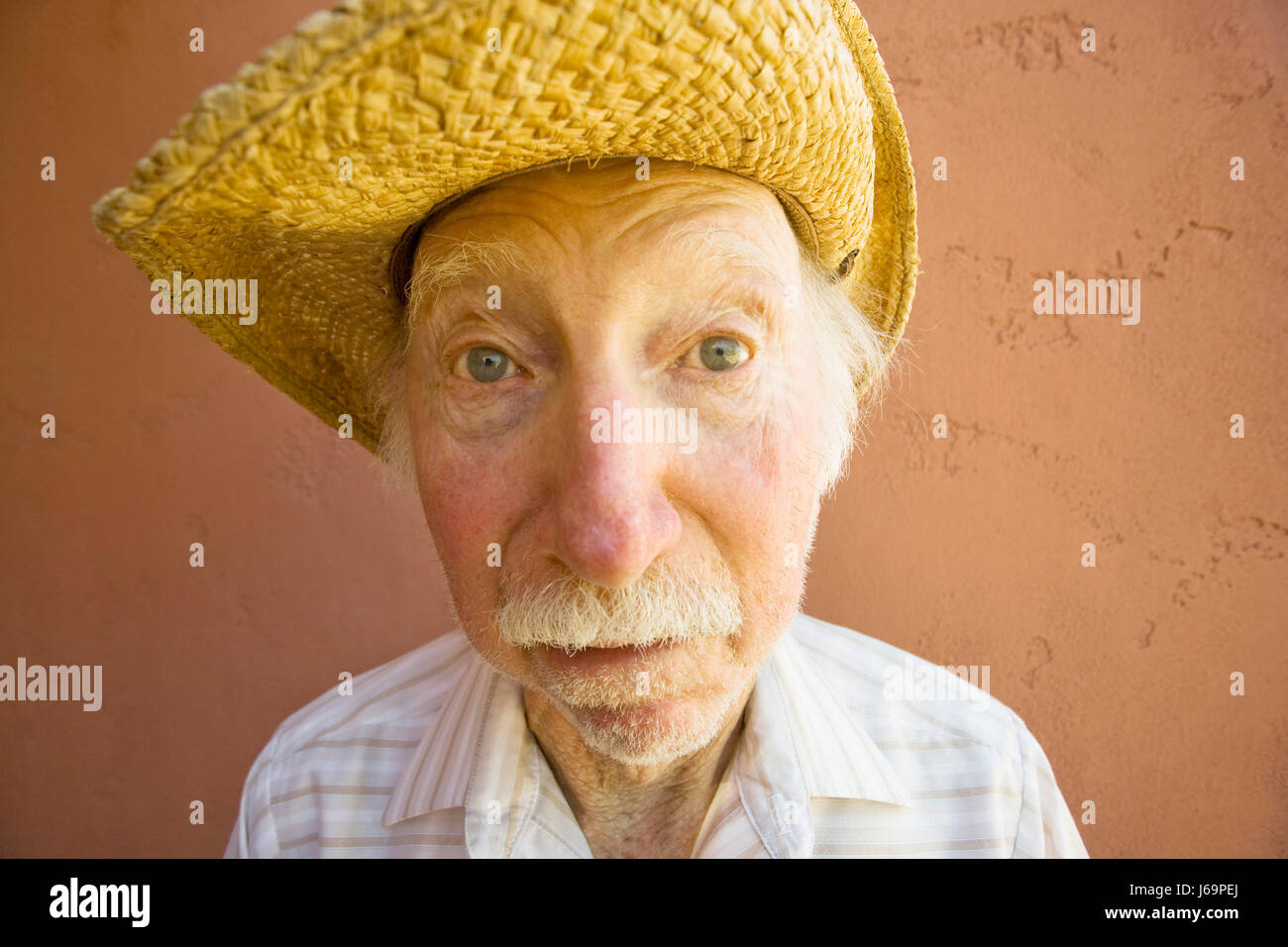 Face à la curiosité de l'œil constituent d'organes chapeau cowboy paille stare expression de western Banque D'Images