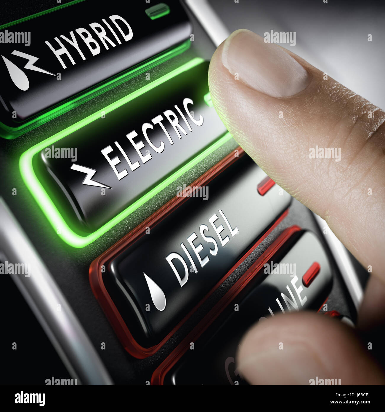 Doigt qui appuie sur un bouton poussoir pour sélectionner la technologie électrique contre voiture diesel. Image composite entre une main et la photographie 3D'un arrière-plan. Banque D'Images