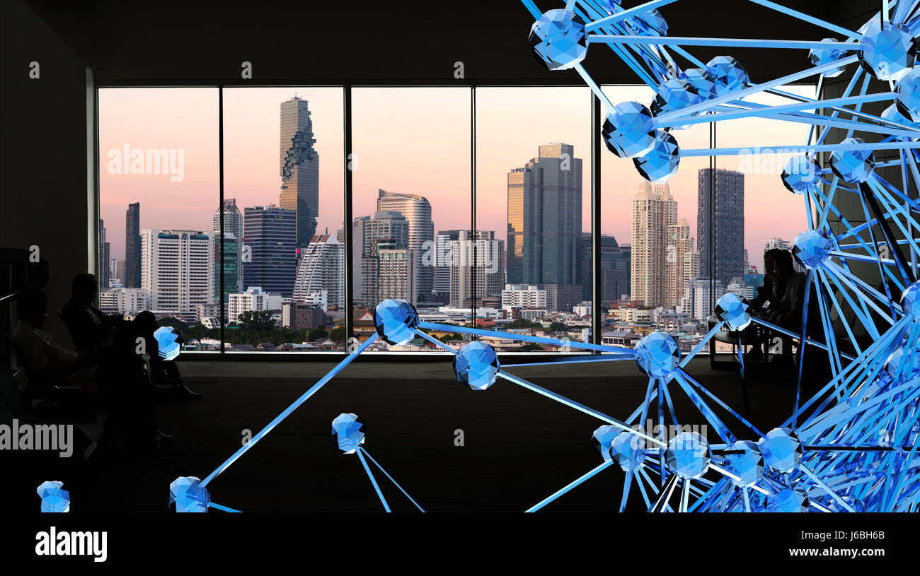 Blockchain Cryptocurrency, et concept bitcoin.technologie grand livre distribué.Silhouette de fenêtre , atome dans smart building et Smart city view background Banque D'Images