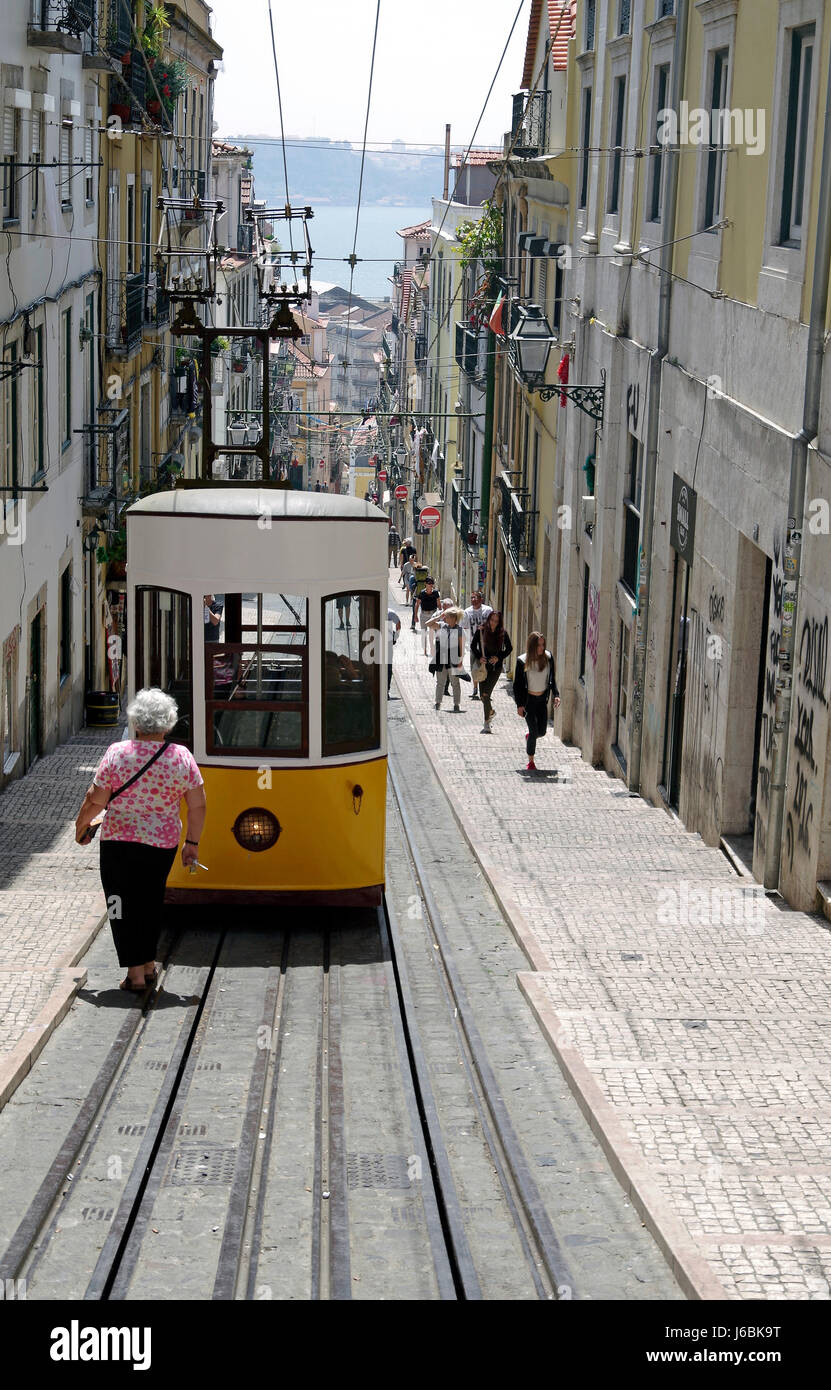 Ascensor da Bica, tramway funiculaire sur pente raide, à Lisbonne, Portugal Banque D'Images