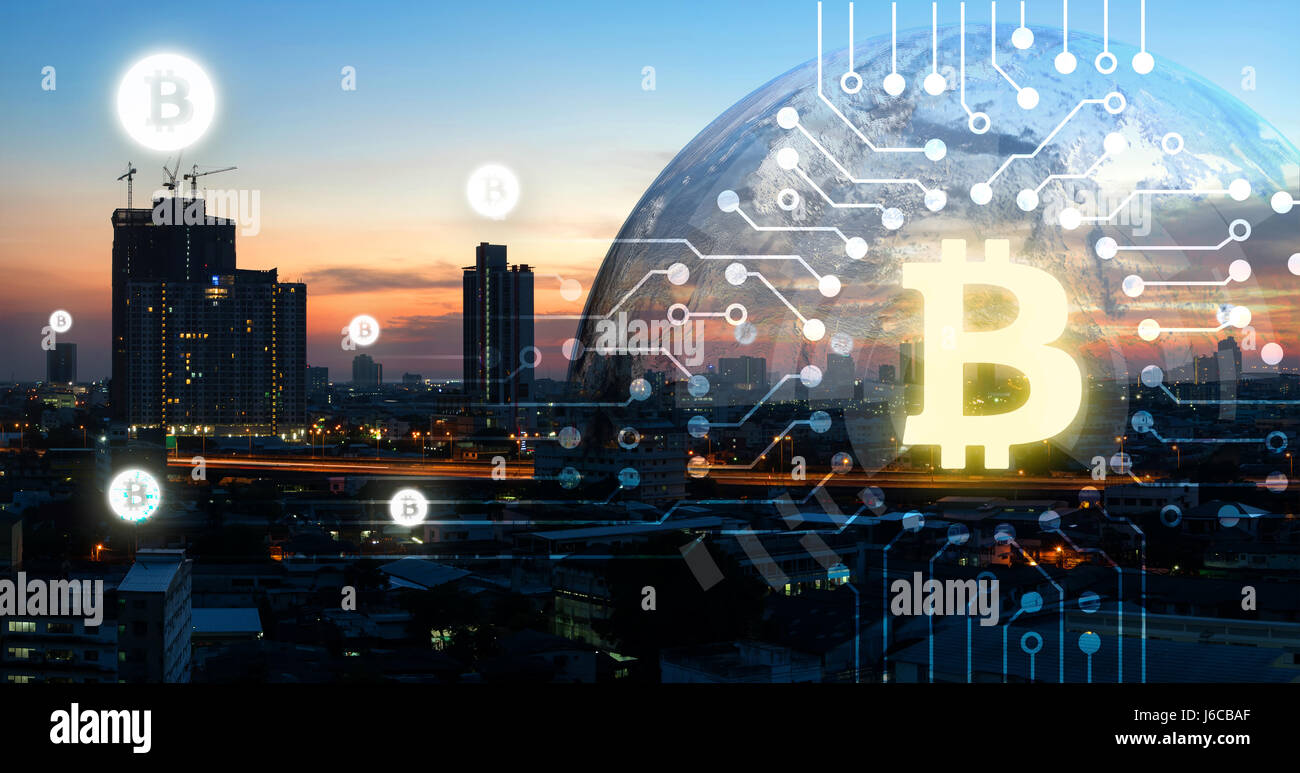 Blockchain , cryptocurrencies , et distribuée bitcoin technologie concept de grand livre. Chaîne bloc , réseau Connexion d'icônes et de terre fournis par la NASA. Banque D'Images