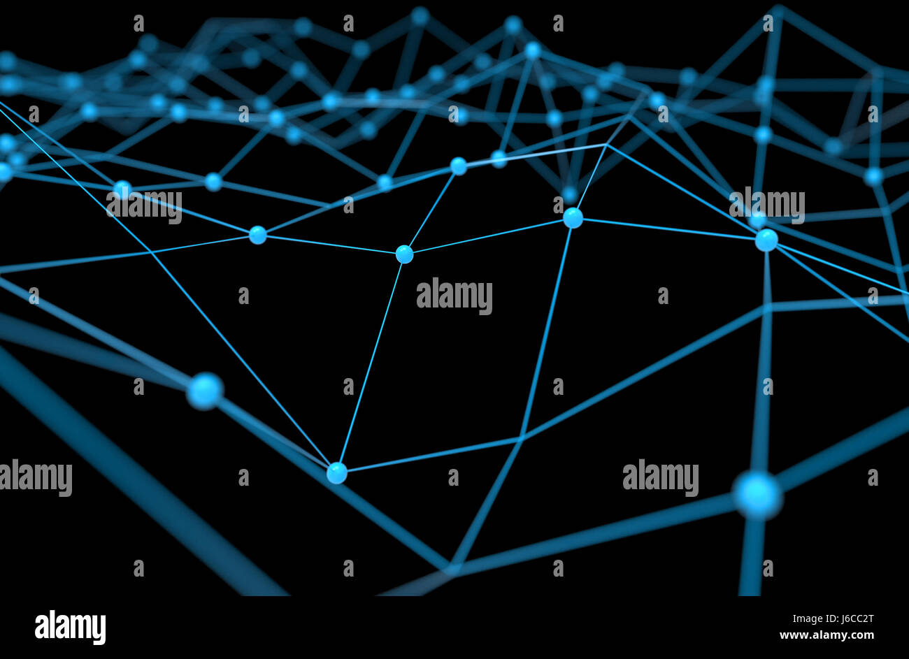 Blockchain , Réseau , de l'apprentissage automatique et l'apprentissage en profondeur le concept des réseaux de neurones. Connexion bleu distribué atom avec fond noir , 3d renderi Banque D'Images