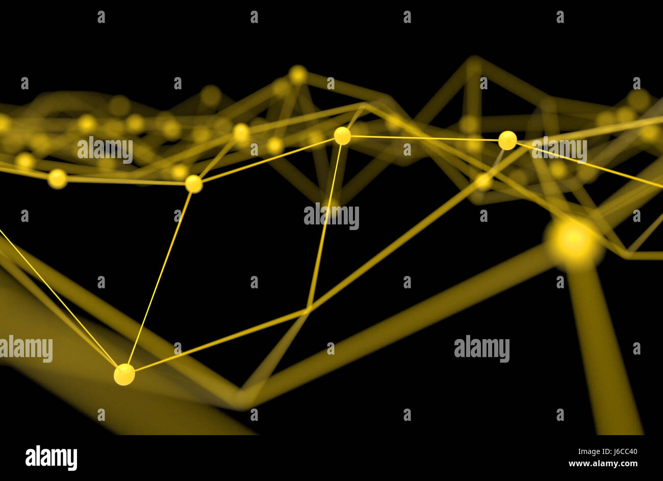 Blockchain , Réseau , de l'apprentissage automatique et l'apprentissage en profondeur le concept des réseaux de neurones. Atome connexion jaune distribué avec fond noir , 3d rende Banque D'Images