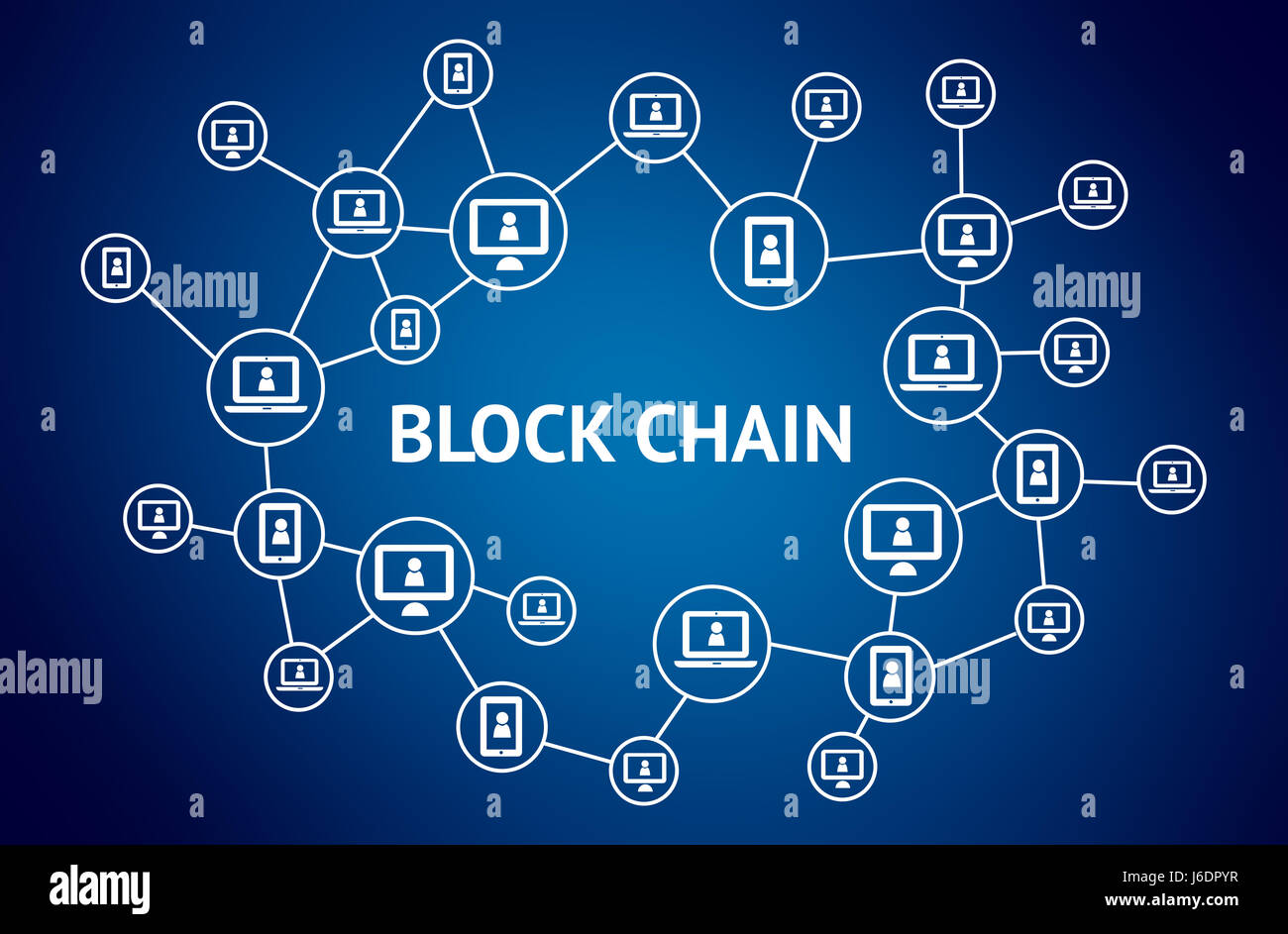 Blockchain , concept réseau distribué ledger , technologie de la chaîne bloc texte et ordinateur avec connexion arrière-plan bleu Banque D'Images