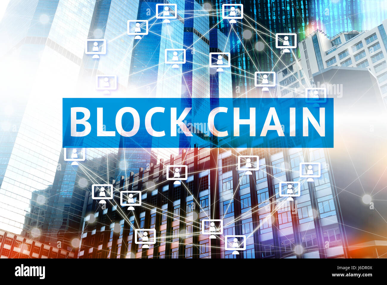 Chaîne bloc concept réseau distribué , Technologie , bloc de grand livre et texte de la chaîne de connexion de l'ordinateur en réseau avec des capacités et codage binaire backgrou Banque D'Images