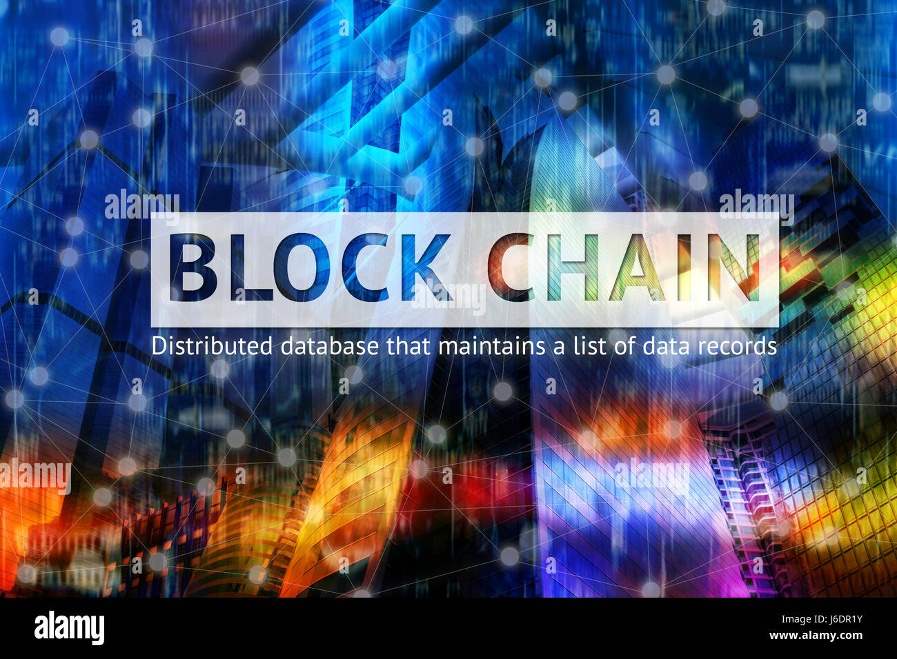 Chaîne bloc concept réseau distribué , Technologie , chaîne grand livre bloc de texte et d'une connexion réseau avec abstract colorful background Banque D'Images