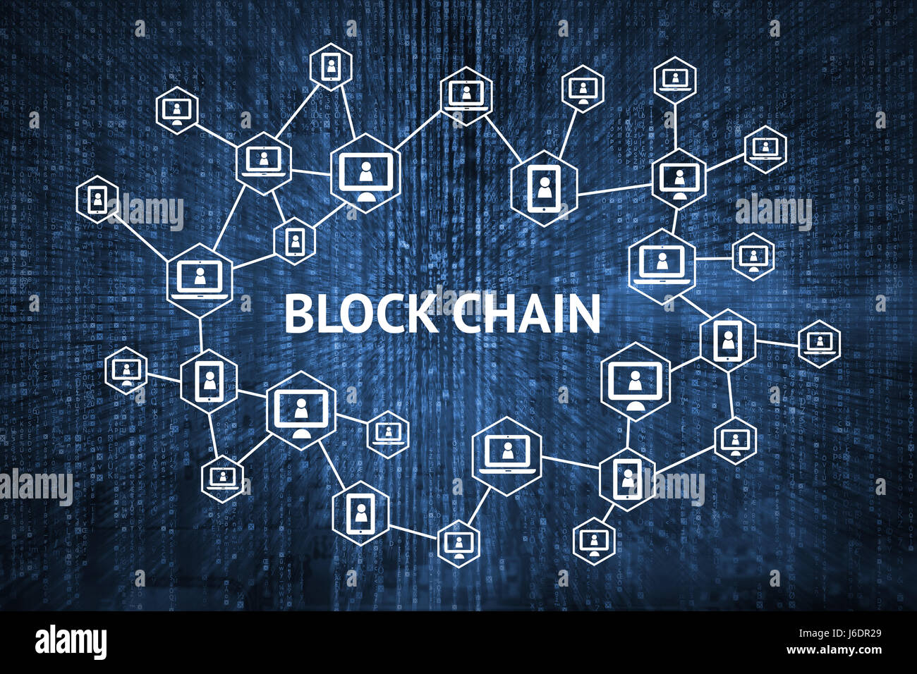 Blockchain , concept réseau distribué ledger , technologie de la chaîne bloc texte et ordinateur avec connexion matrice bleu fond codée Banque D'Images