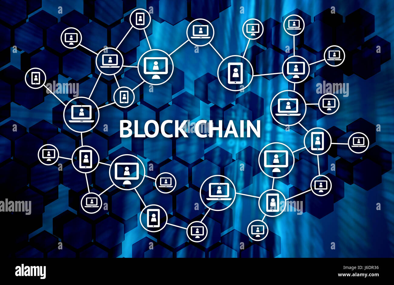 Blockchain , concept réseau distribué ledger , technologie de la chaîne bloc texte et ordinateur avec connexion arrière-plan hexagonal Banque D'Images