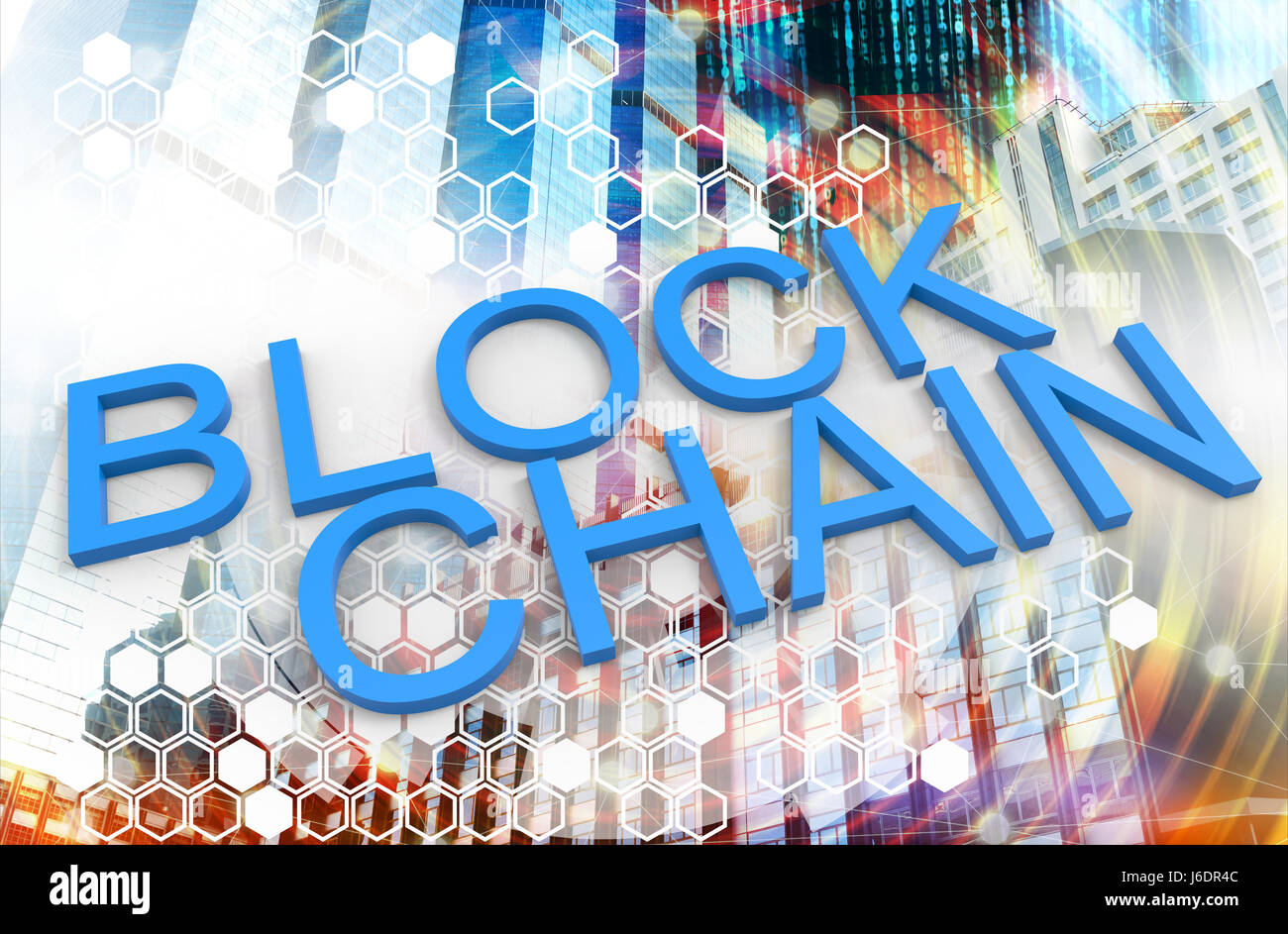 La technologie réseau Fintech et Blockchain , concept , immeuble technologie grand livre distribué . Connexion réseau avec résumé contexte binaire Banque D'Images