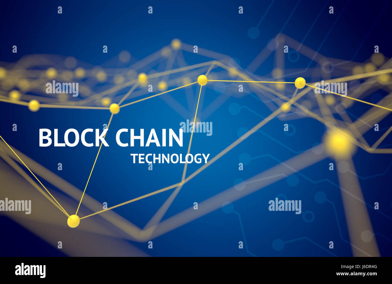 La technologie réseau Fintech et Blockchain , concept , la technologie grand livre distribué distribué atome connexion jaune et texte avec fond bleu , Banque D'Images