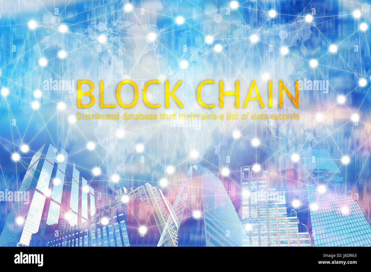 La technologie réseau Fintech et Blockchain , concept , immeuble technologie grand livre distribué . Connexion réseau avec résumé contexte binaire Banque D'Images
