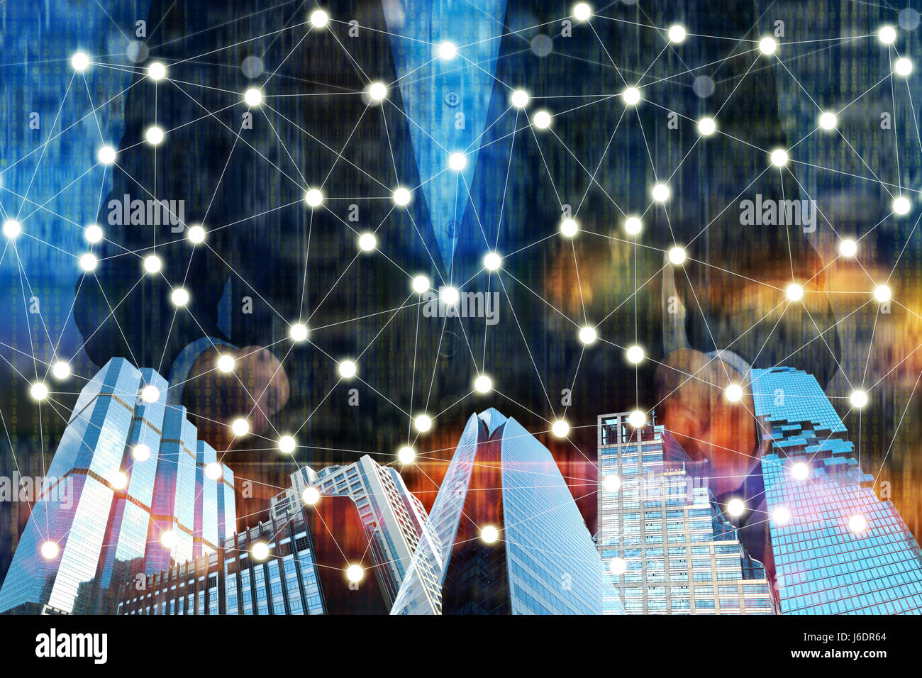 La technologie réseau Fintech et Blockchain , concept technologie grand livre distribué , bâtiment , homme costume et décentralisés avec abstract binar Banque D'Images