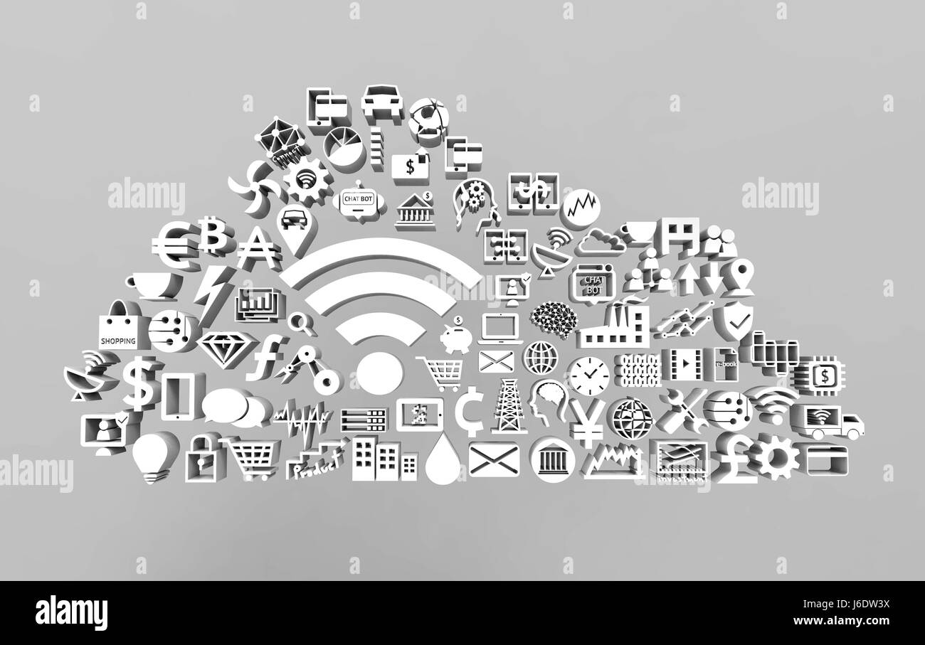 Internet des objets (IOT) et concept de vie numérique . Texte blanc, connexion Wi-Fi au réseau local et de l'icône fonctionnalités avec fond gris. 3d illustration Banque D'Images