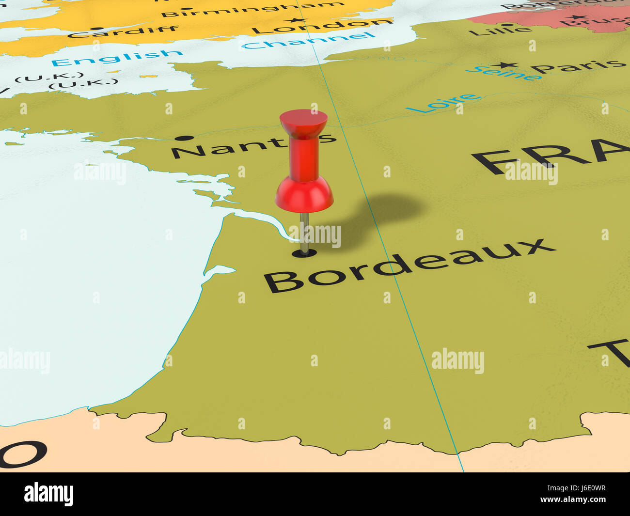 Sur fond de carte Bordeaux punaise. 3d illustration. Banque D'Images