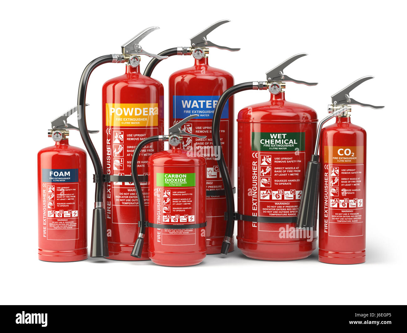 Les extincteurs d'isolé sur fond blanc. Différents types d'extincteurs. 3d illustration Banque D'Images