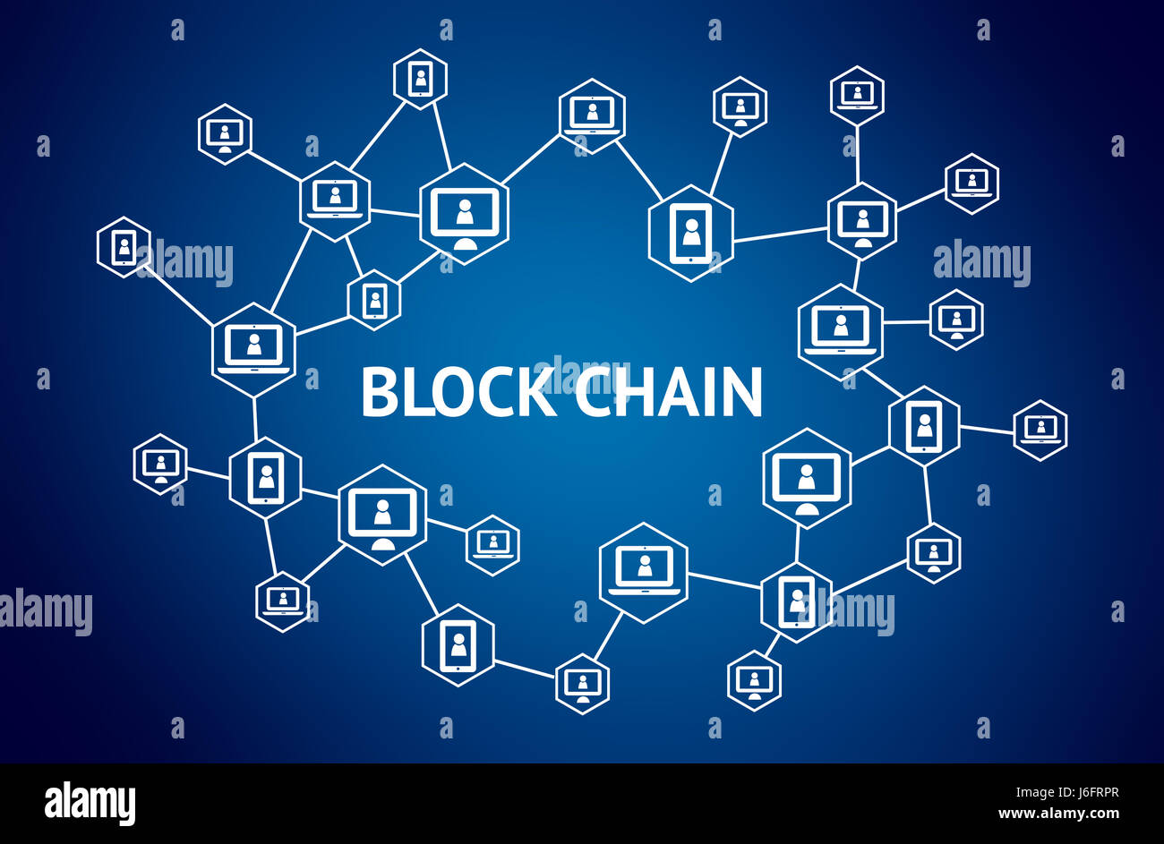 Blockchain , concept réseau distribué ledger , technologie de la chaîne bloc texte et ordinateur avec connexion arrière-plan bleu Banque D'Images