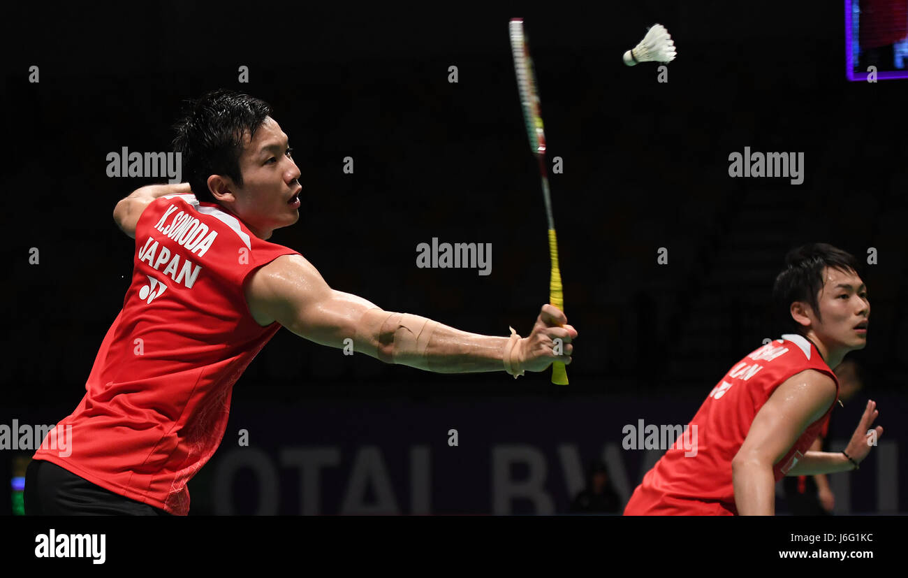 Gold Coast, en Australie. 21 mai, 2017. Kamura du Japon Takeshi et Keigo Sonoda(L) en concurrence au cours de la Men's match de double du groupe 1-Groupe 1C contre Allemagne's Mark Lamsfuss et Marvin Emil Seidel à TOTAL BWF Sudirman Cup 2017 à Gold Coast, Australie, le 21 mai 2017. Credit : Lui Siu Wai/Xinhua/Alamy Live News Banque D'Images