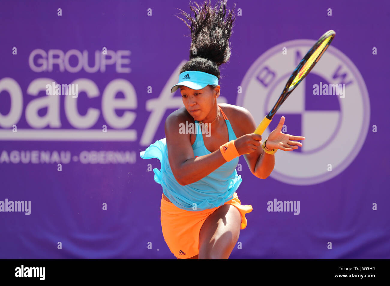 Strasbourg, France. 21 mai, 2017. Joueur Japonais Naomi Osaka est en action lors de son match au 1er tour de la WTA tennis internationaux de Strasbourg vs joueur de tennis espagnole Carla Suarez Navarro le 21 mai 2017 à Strasbourg, France - ©Yan Lerval/Alamy Live News Banque D'Images