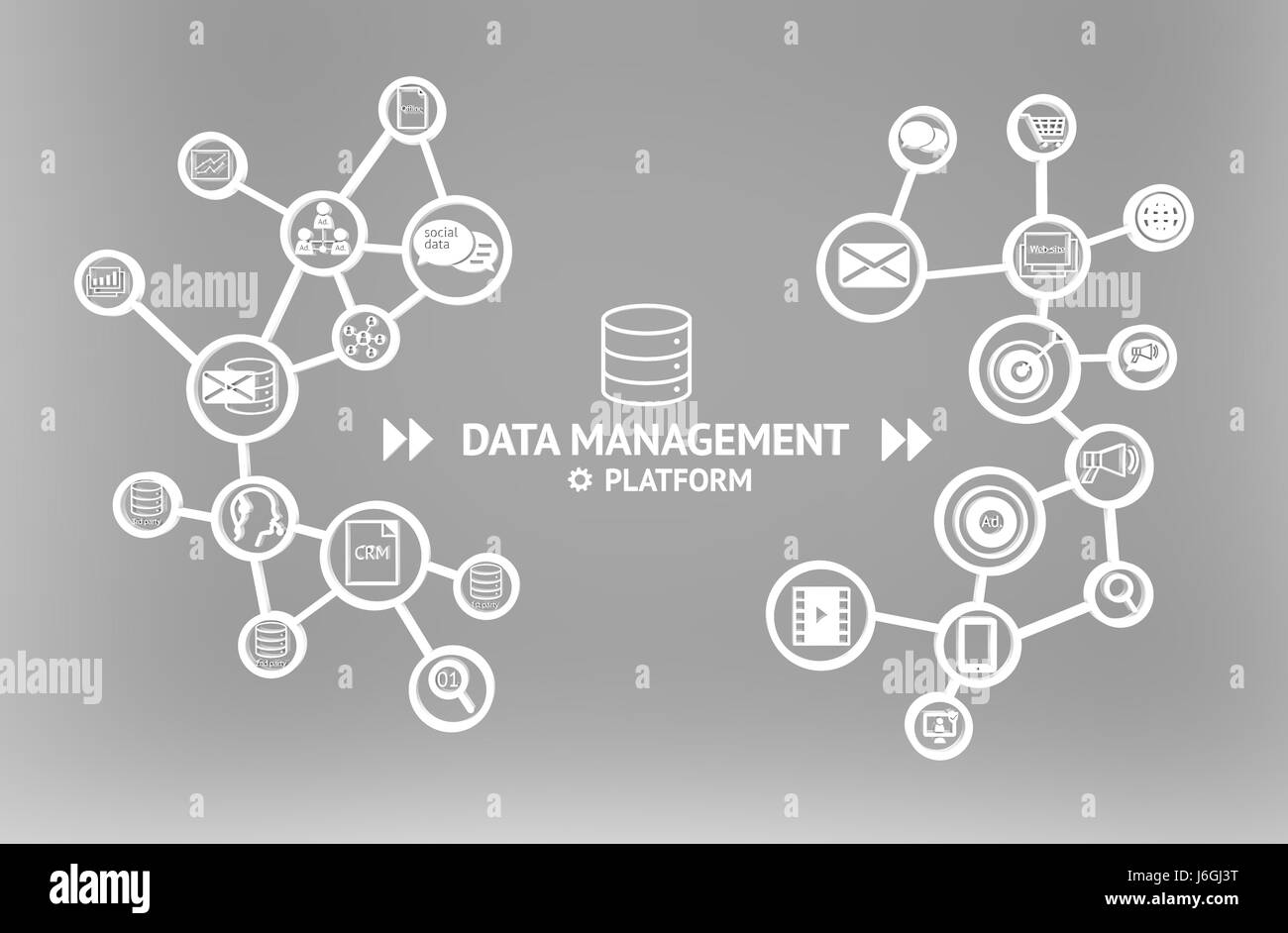 La plate-forme de gestion des données (DMP) concept. L'infographie , textes et icônes sur fond gris. Concept Marketing et crm Banque D'Images
