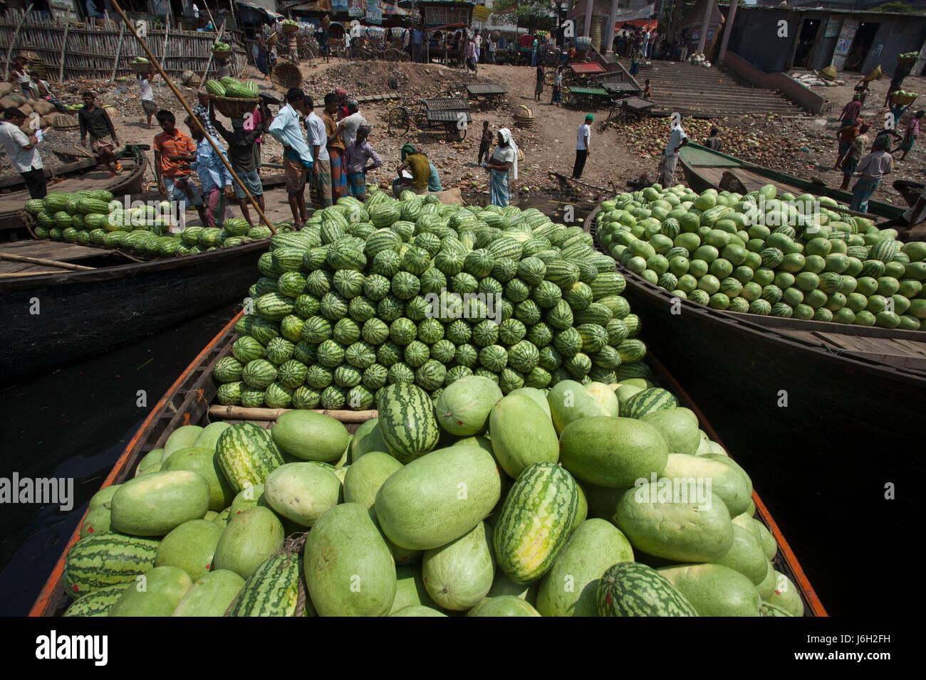 Décharger les pastèques de travailleurs de l'embarcation à Sadarghat dans Old Dhaka, Bangladesh. Banque D'Images