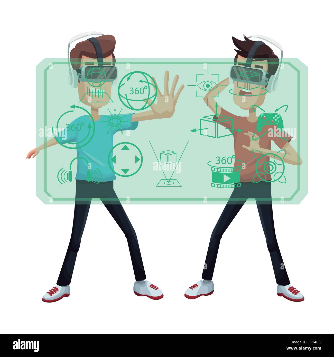 Deux jeune homme à l'aide de casque de réalité virtuelle de la technologie de l'affichage Illustration de Vecteur